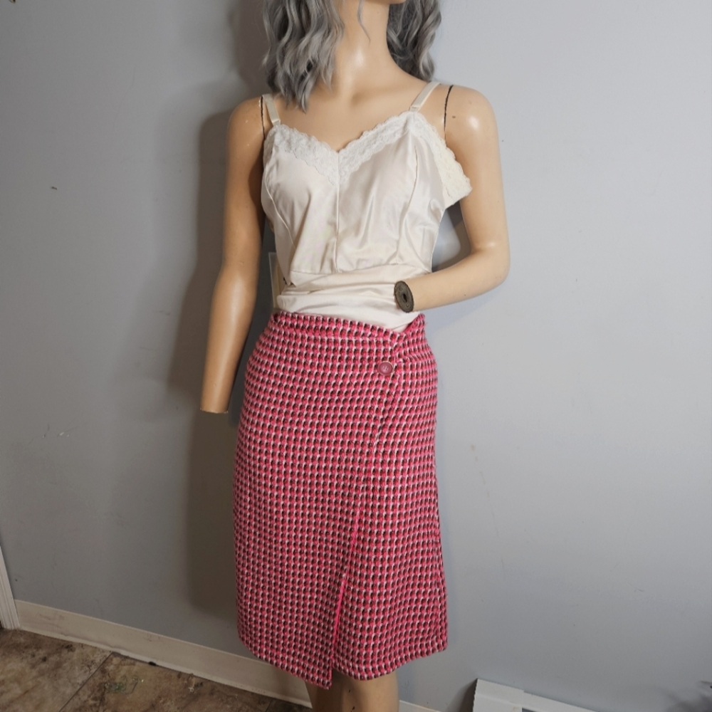 Lilou Faux Wrap Knit A-Line Midi Skirt Pink & White Herringbone  Sz Small